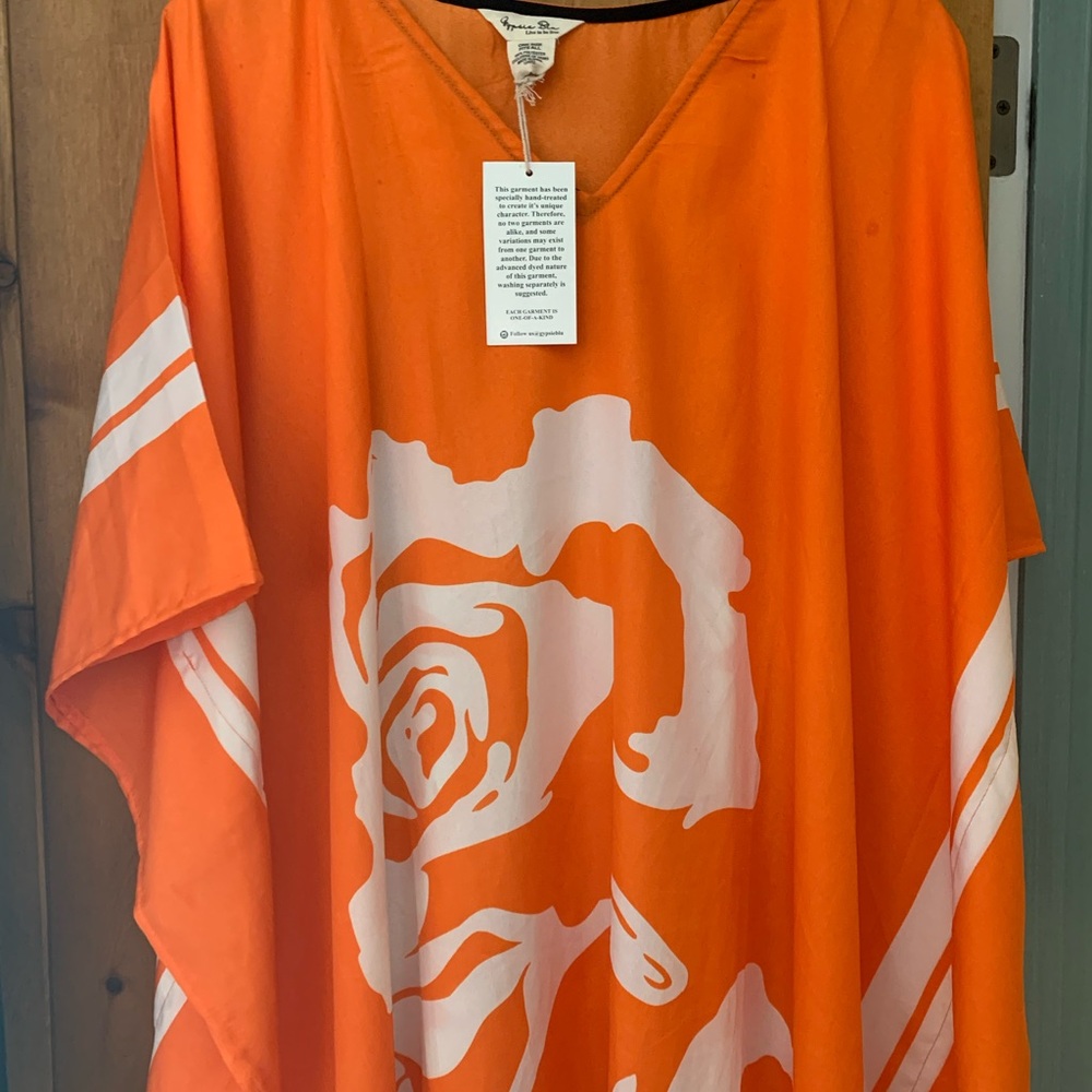 Gypsie Blu swim kaftan, orange and white print, one size fits most.